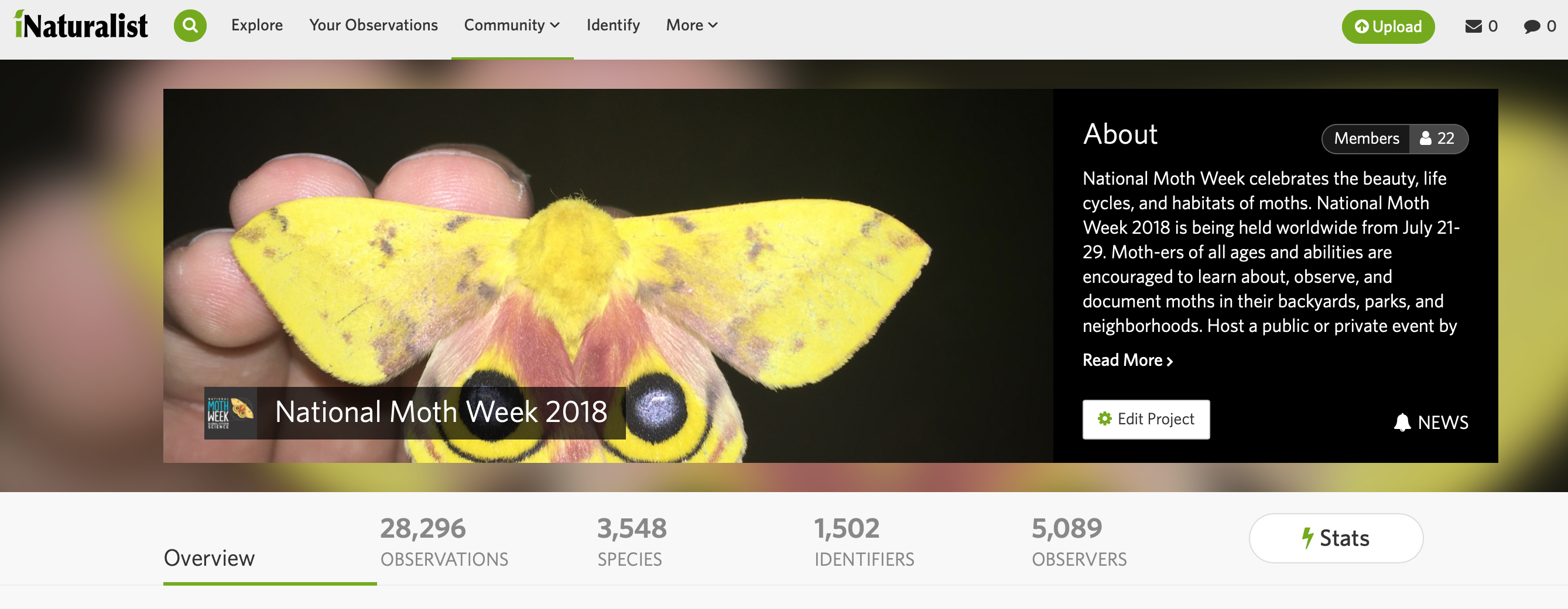 Screenshot from iNaturalist showing National Moth Week 2018 project.