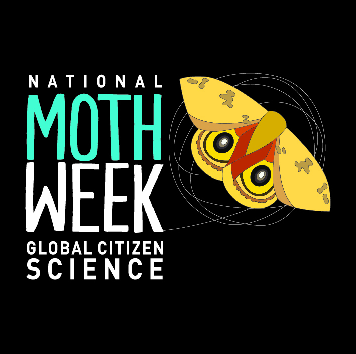 National Moth Week Logo, Io Moth on right side of image with text "National Moth Week Global Citizen Science" on the left.